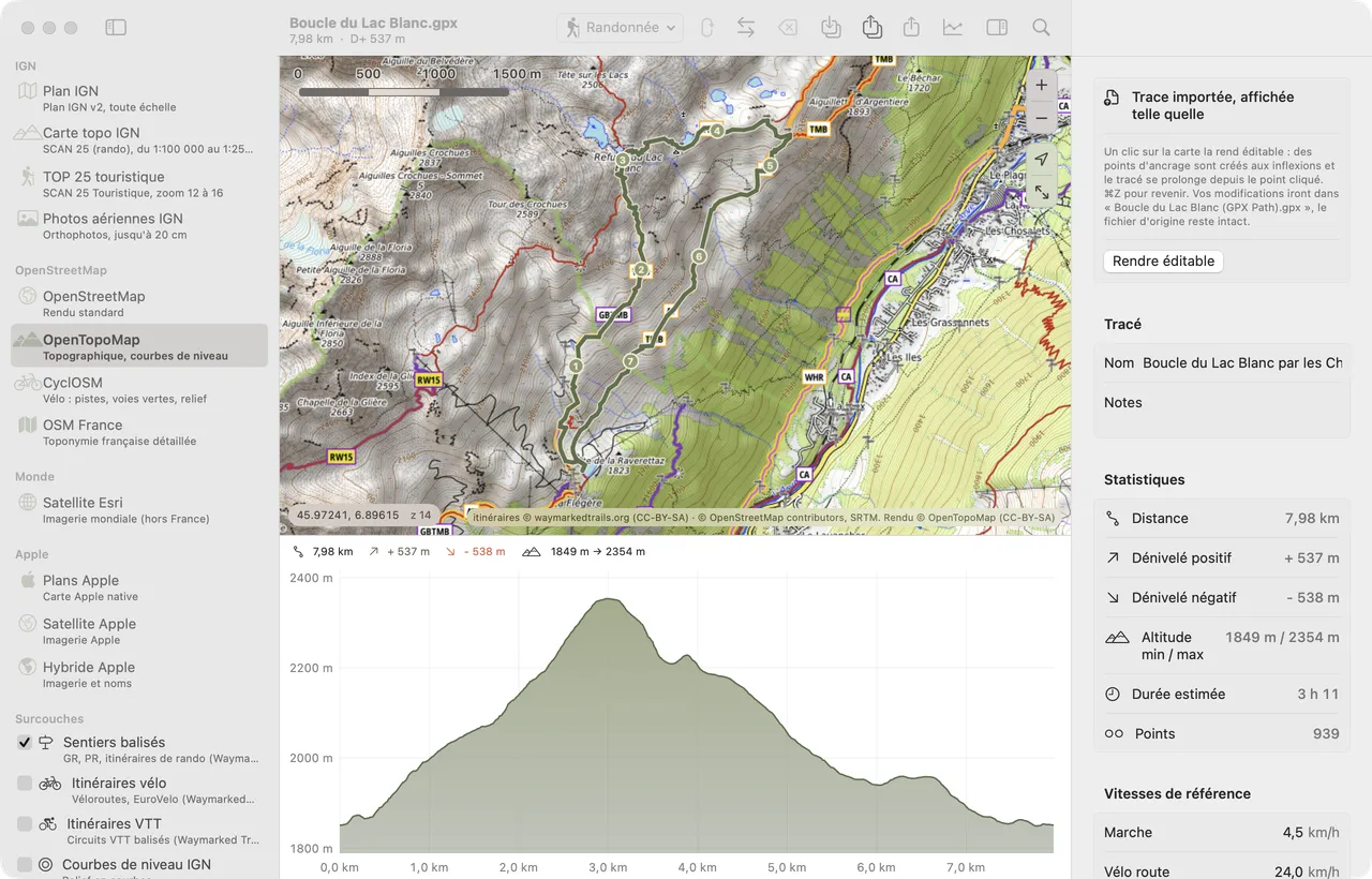 GPX Path for Mac window: the Lac Blanc loop on OpenTopoMap, base maps listed on the left, elevation profile below and stats on the right (7.98 km, 537 m of elevation gain)